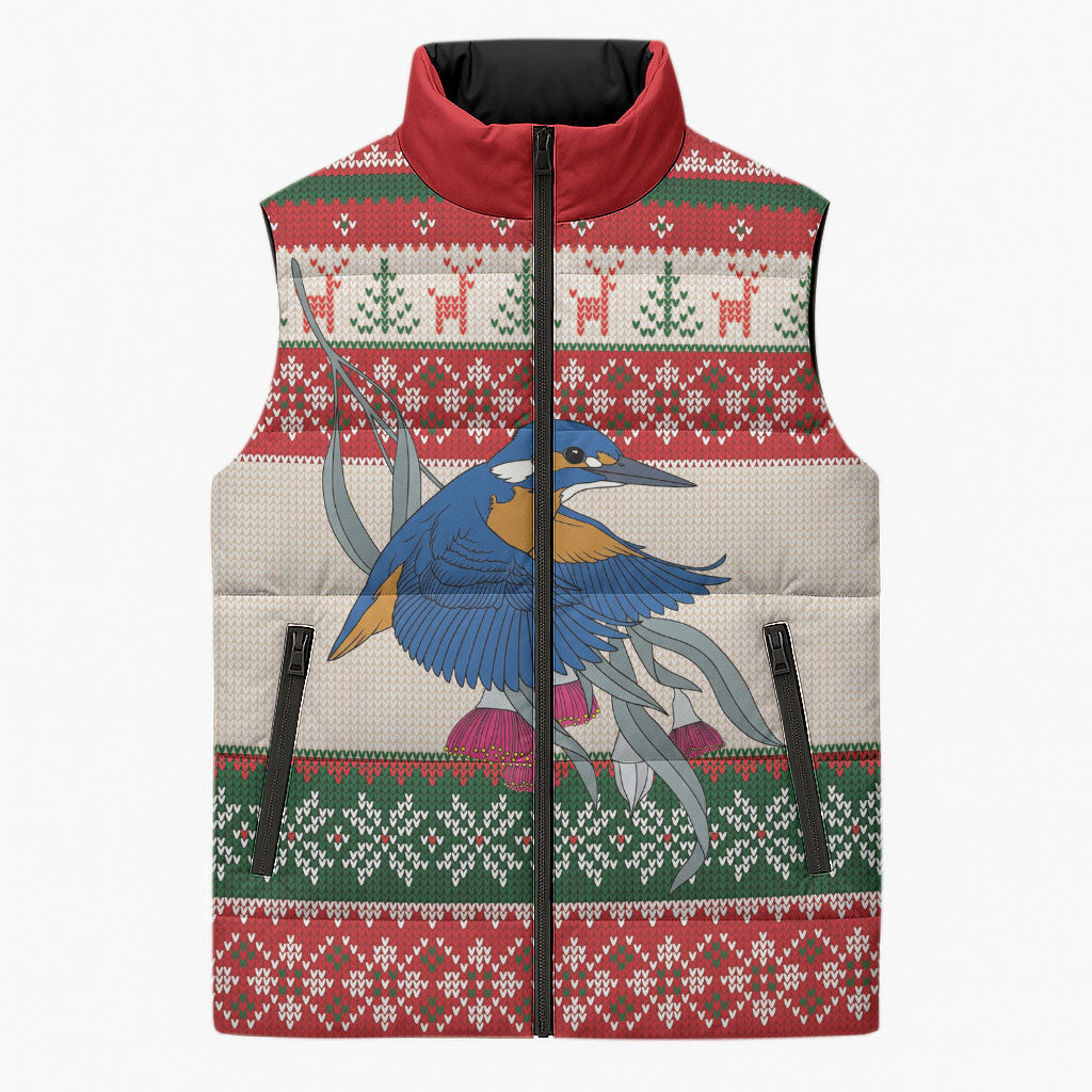 Aussie Kingfisher Bird Christmas Sleeveless Puffer Jacket Festive Knitted Pattern Inspired