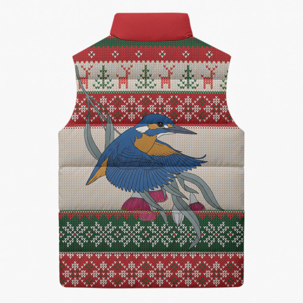 Aussie Kingfisher Bird Christmas Sleeveless Puffer Jacket Festive Knitted Pattern Inspired