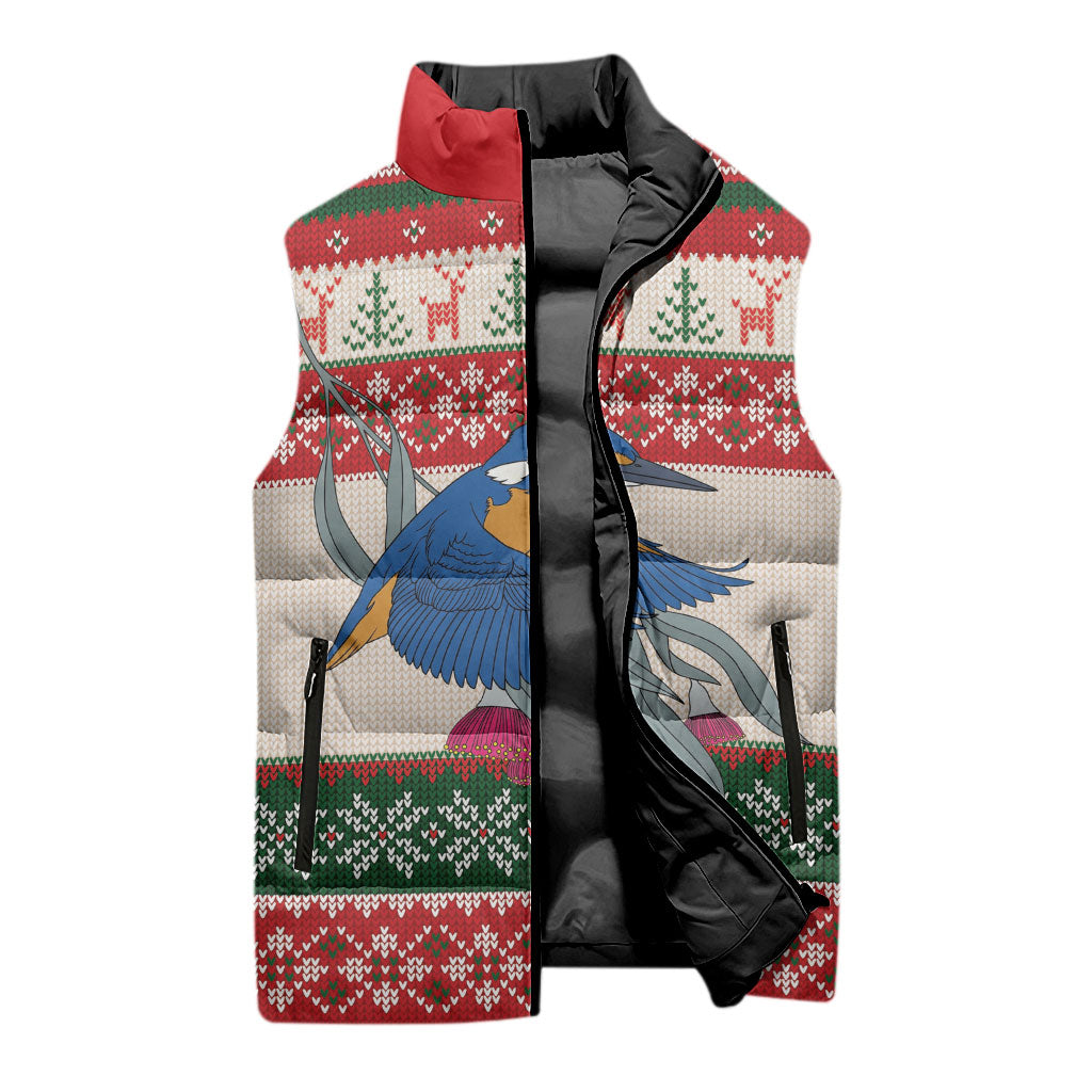 Aussie Kingfisher Bird Christmas Sleeveless Puffer Jacket Festive Knitted Pattern Inspired