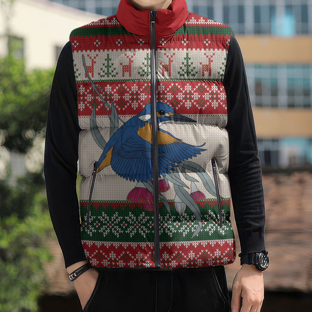 Aussie Kingfisher Bird Christmas Sleeveless Puffer Jacket Festive Knitted Pattern Inspired