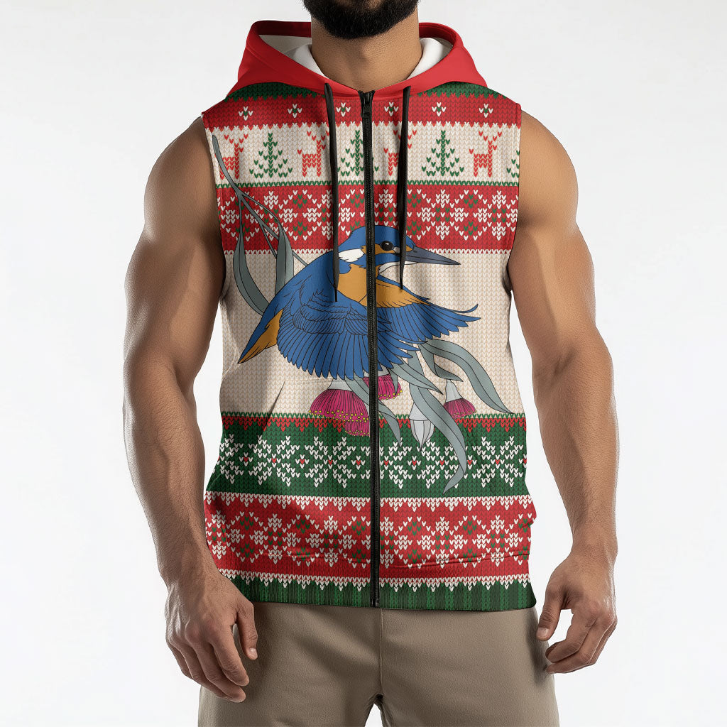 Aussie Kingfisher Bird Christmas Sleeveless Zip Hoodie Festive Knitted Pattern Inspired