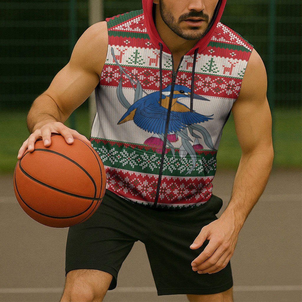 Aussie Kingfisher Bird Christmas Sleeveless Zip Hoodie Festive Knitted Pattern Inspired