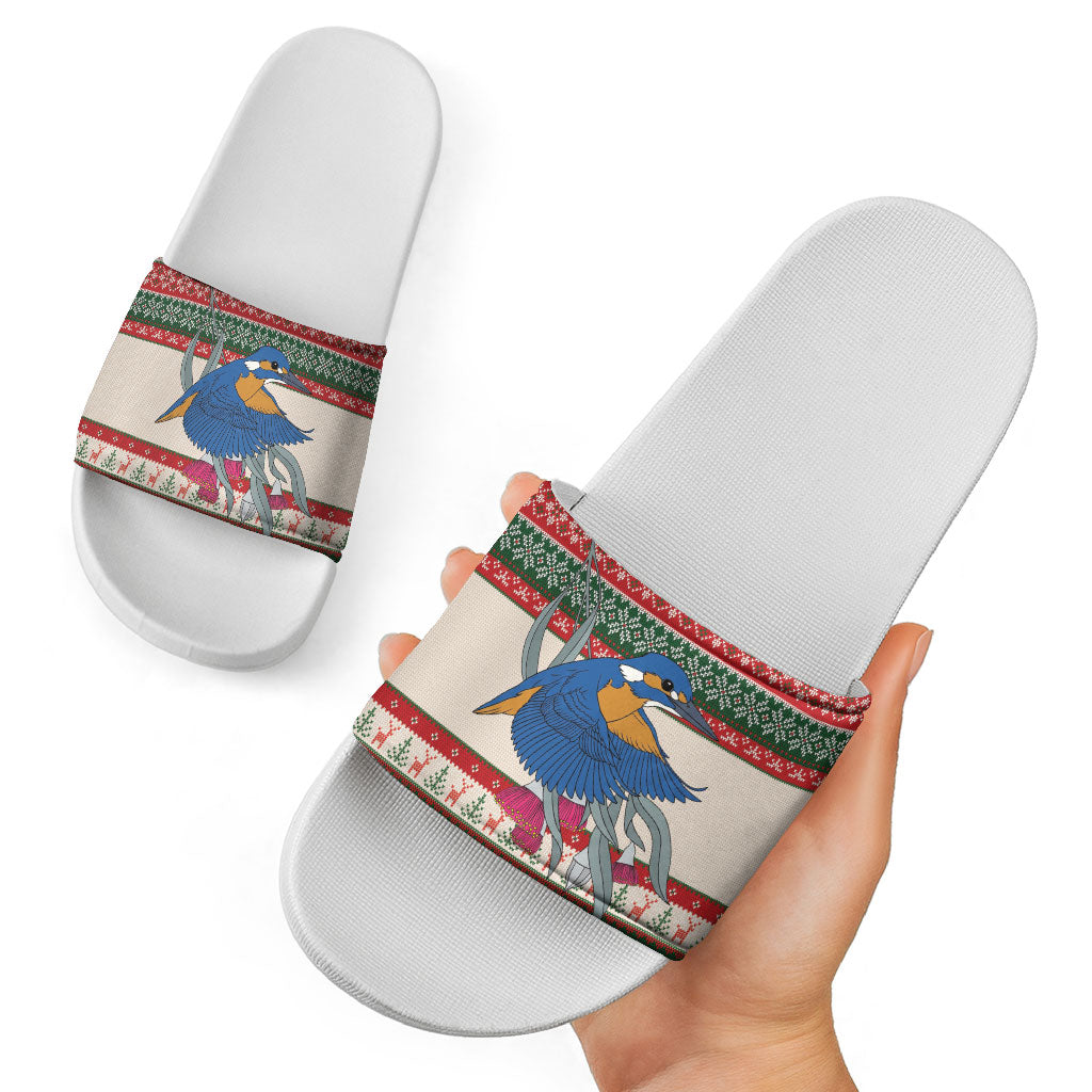 Aussie Kingfisher Bird Christmas Slide Sandals Festive Knitted Pattern Inspired