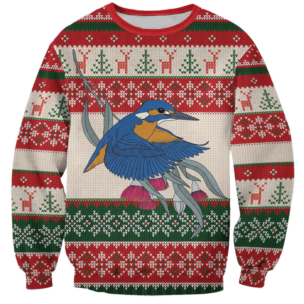 Aussie Kingfisher Bird Christmas Sweatshirt Festive Knitted Pattern Inspired