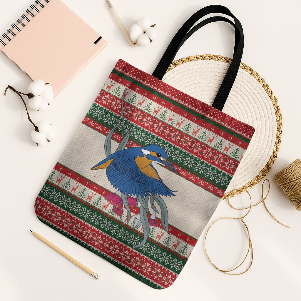 Aussie Kingfisher Bird Christmas Tote Bag Festive Knitted Pattern Inspired