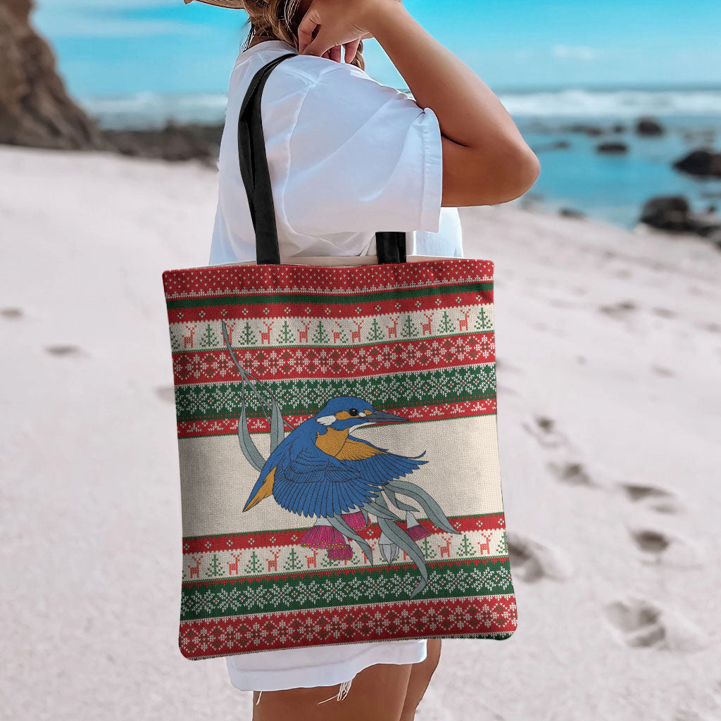 Aussie Kingfisher Bird Christmas Tote Bag Festive Knitted Pattern Inspired