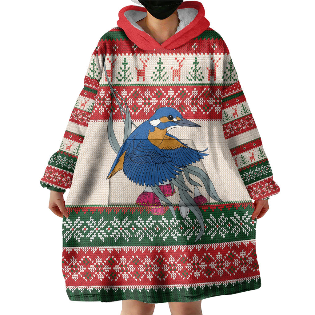 Aussie Kingfisher Bird Christmas Wearable Blanket Hoodie Festive Knitted Pattern Inspired