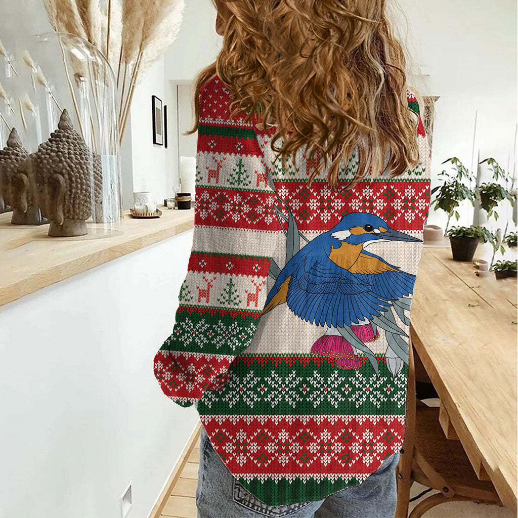 Aussie Kingfisher Bird Christmas Women Casual Shirt Festive Knitted Pattern Inspired