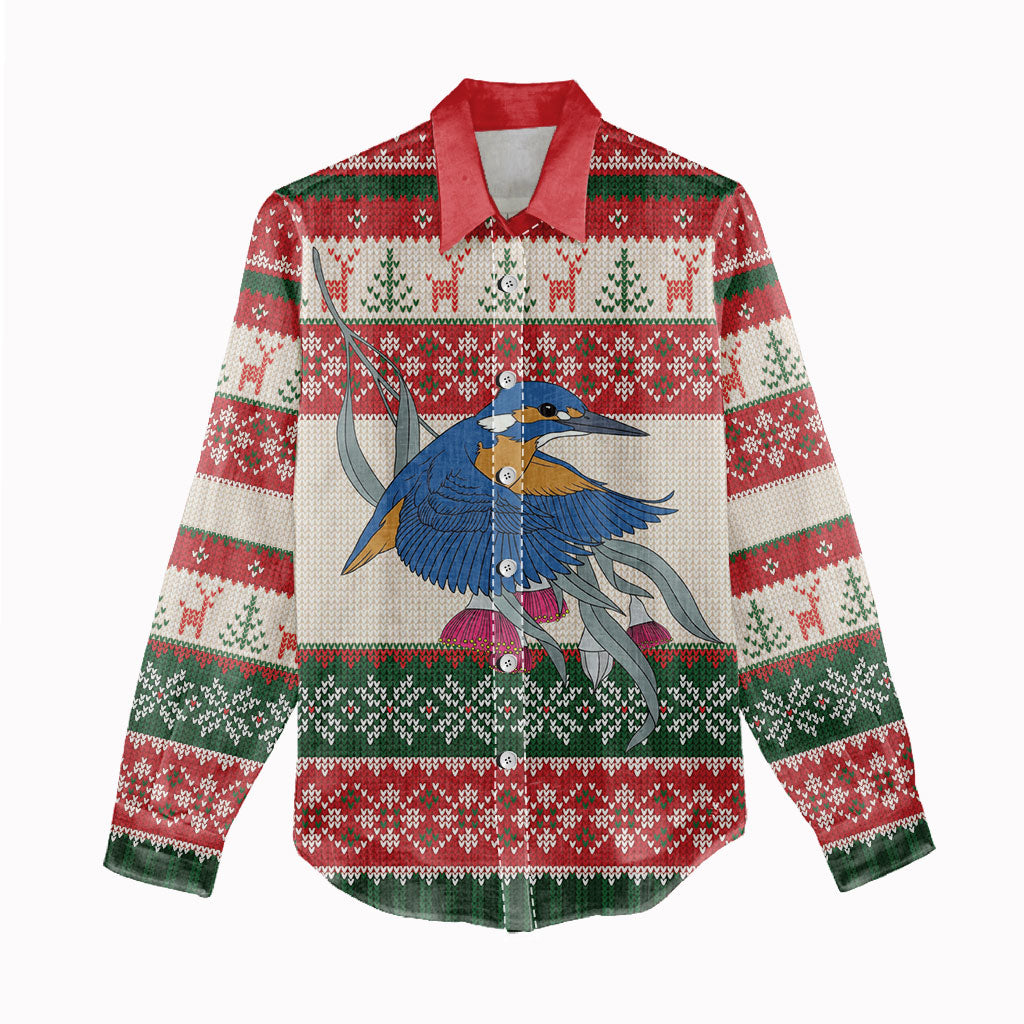 Aussie Kingfisher Bird Christmas Women Casual Shirt Festive Knitted Pattern Inspired