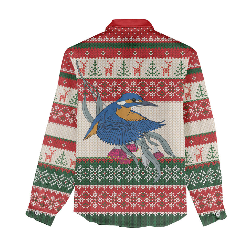 Aussie Kingfisher Bird Christmas Women Casual Shirt Festive Knitted Pattern Inspired