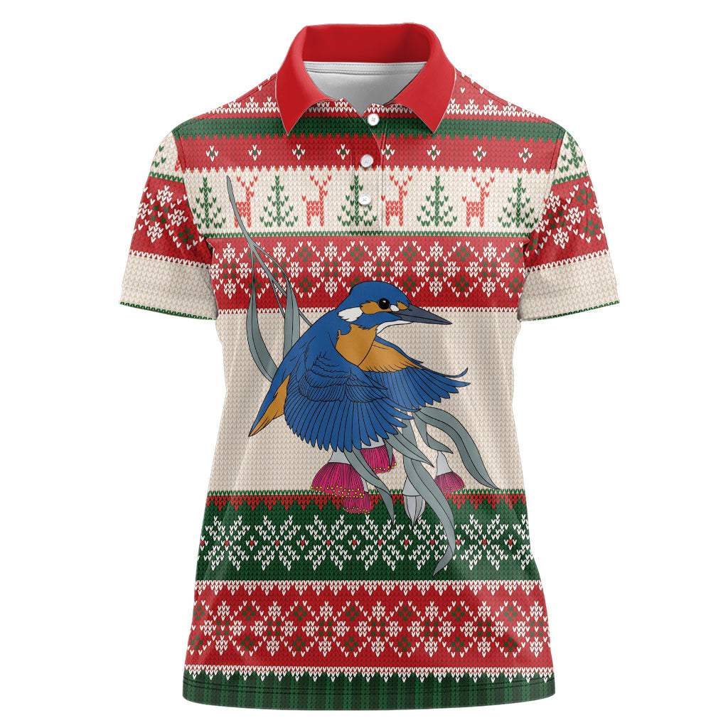 Aussie Kingfisher Bird Christmas Women Polo Shirt Festive Knitted Pattern Inspired