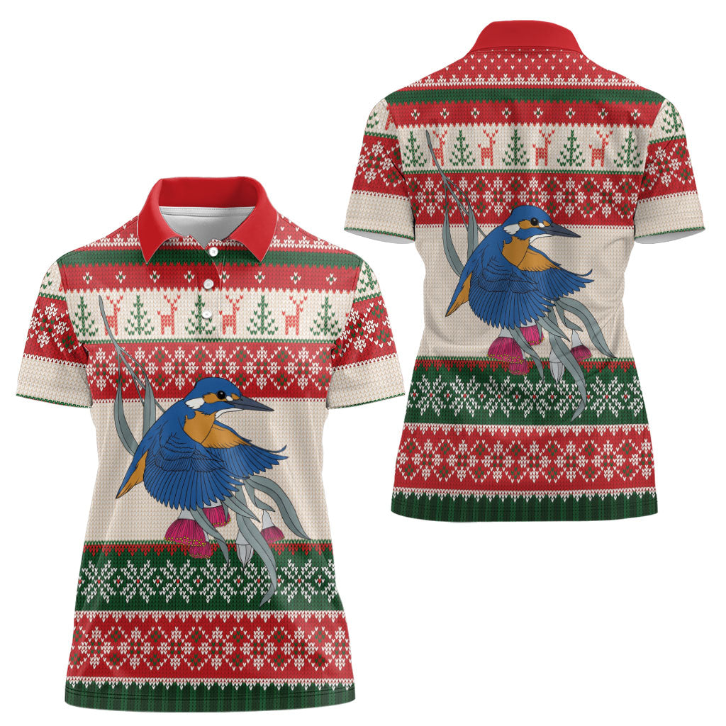 Aussie Kingfisher Bird Christmas Women Polo Shirt Festive Knitted Pattern Inspired