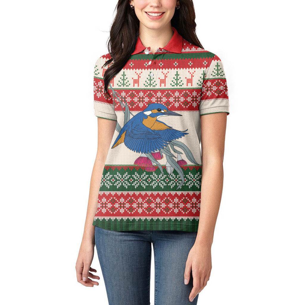 Aussie Kingfisher Bird Christmas Women Polo Shirt Festive Knitted Pattern Inspired