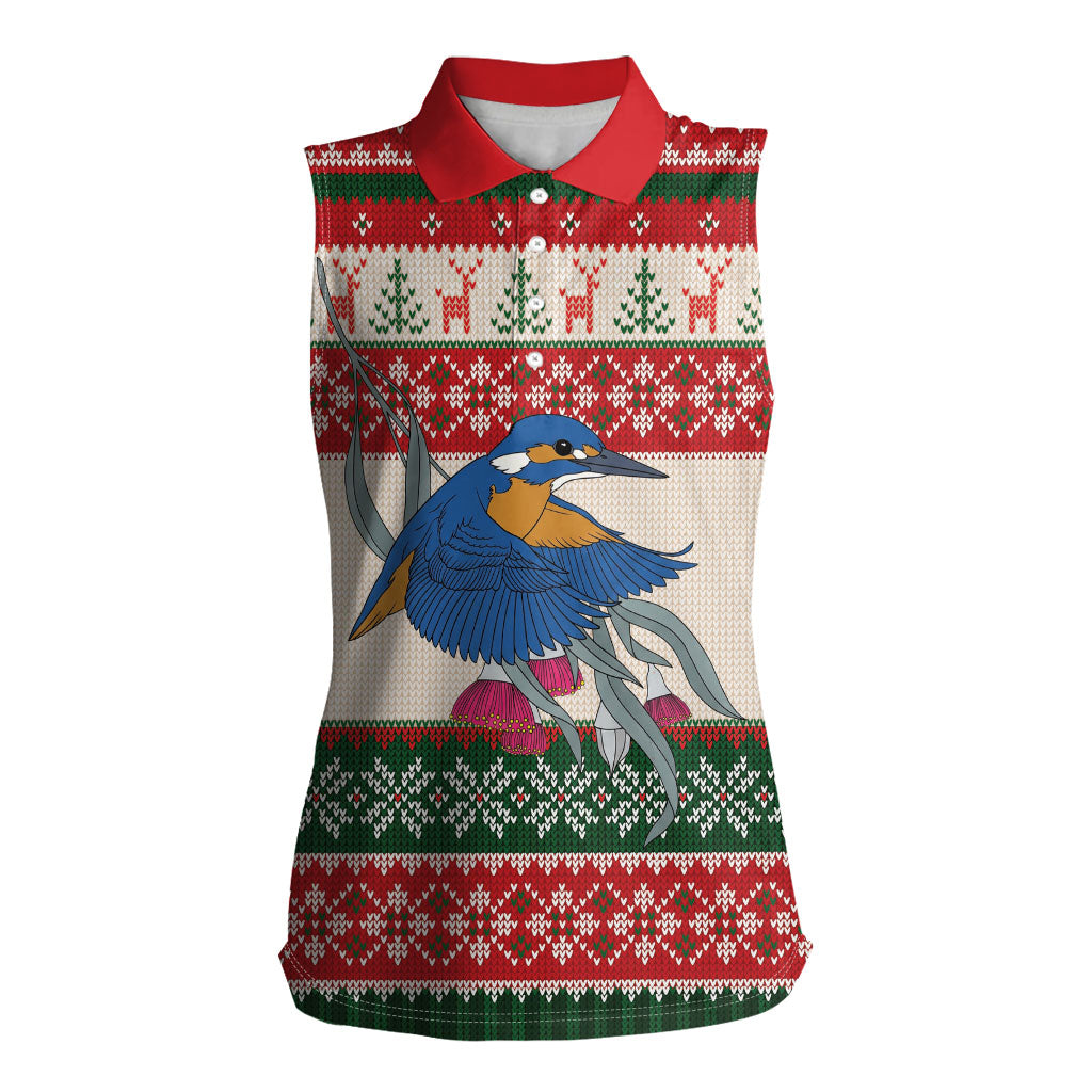 Aussie Kingfisher Bird Christmas Women Sleeveless Polo Shirt Festive Knitted Pattern Inspired