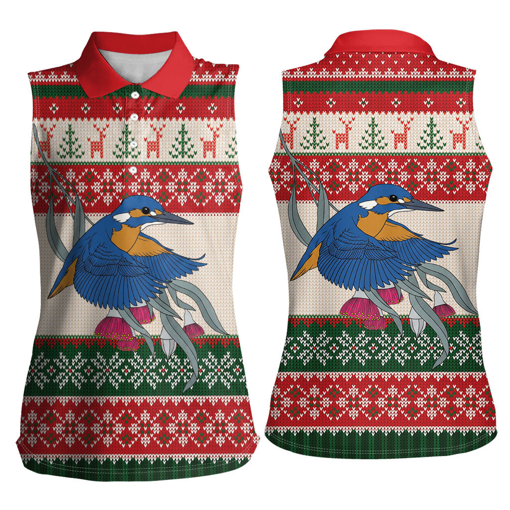 Aussie Kingfisher Bird Christmas Women Sleeveless Polo Shirt Festive Knitted Pattern Inspired