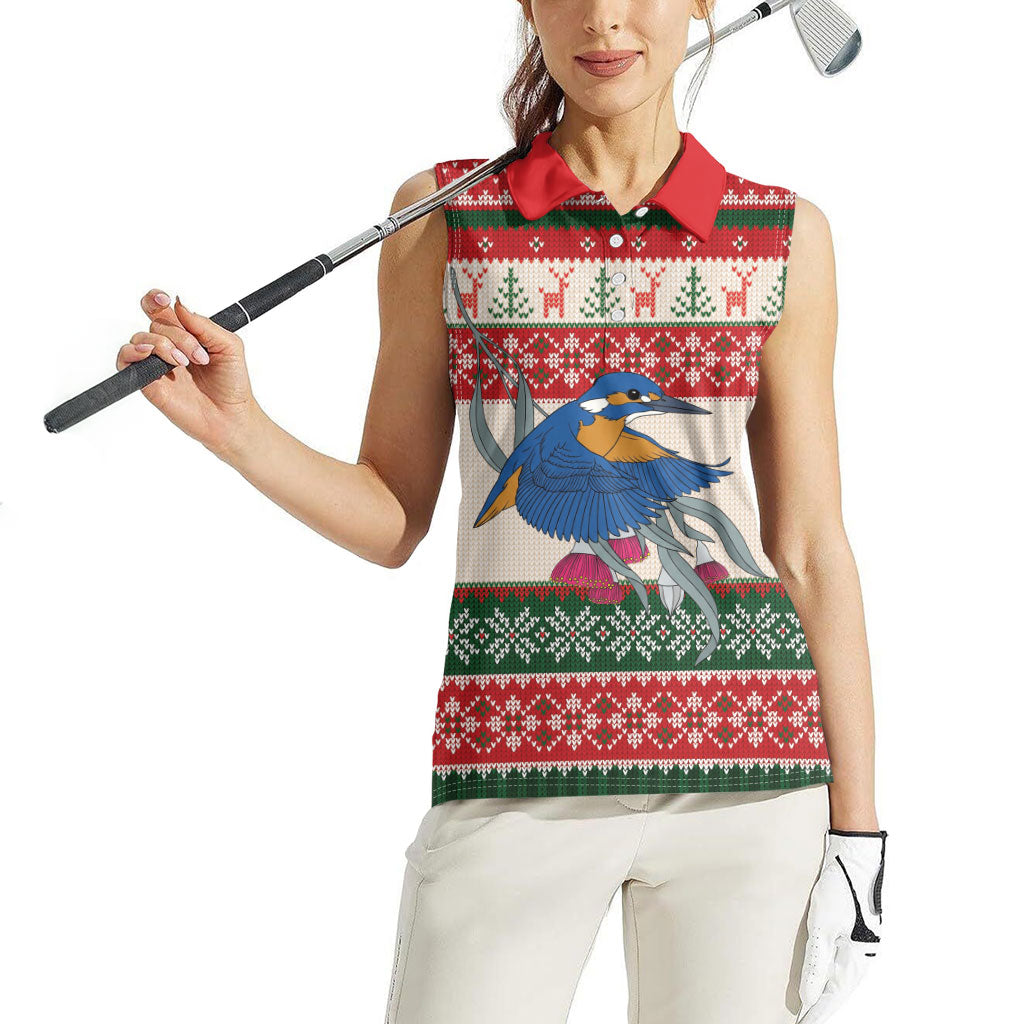 Aussie Kingfisher Bird Christmas Women Sleeveless Polo Shirt Festive Knitted Pattern Inspired