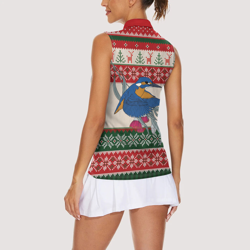 Aussie Kingfisher Bird Christmas Women Sleeveless Polo Shirt Festive Knitted Pattern Inspired