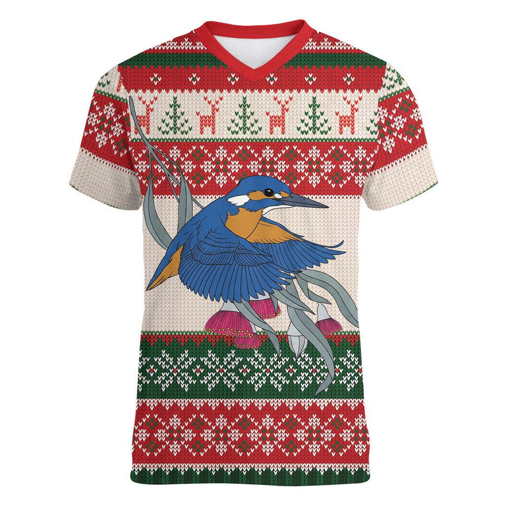 Aussie Kingfisher Bird Christmas Women V-Neck T-Shirt Festive Knitted Pattern Inspired