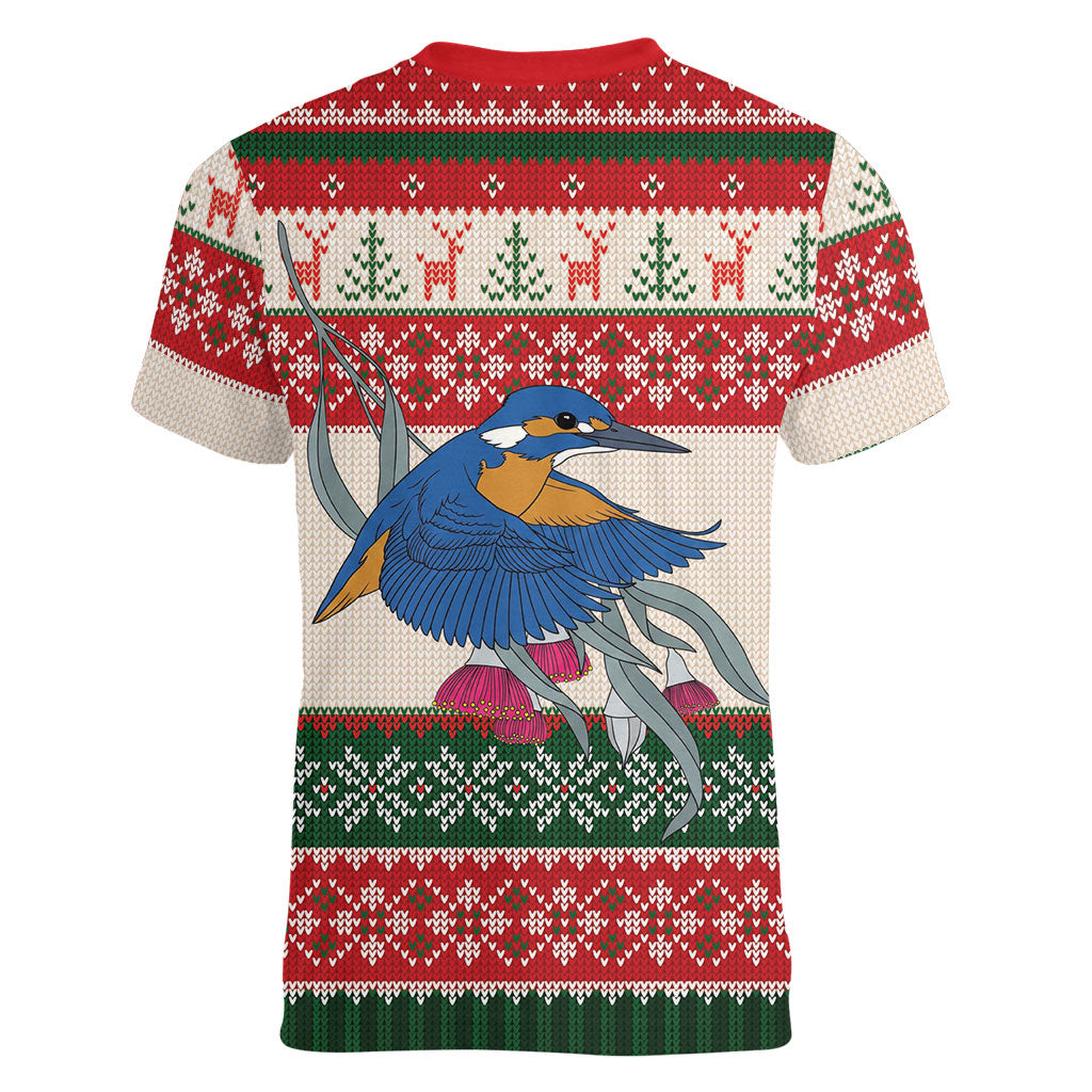 Aussie Kingfisher Bird Christmas Women V-Neck T-Shirt Festive Knitted Pattern Inspired