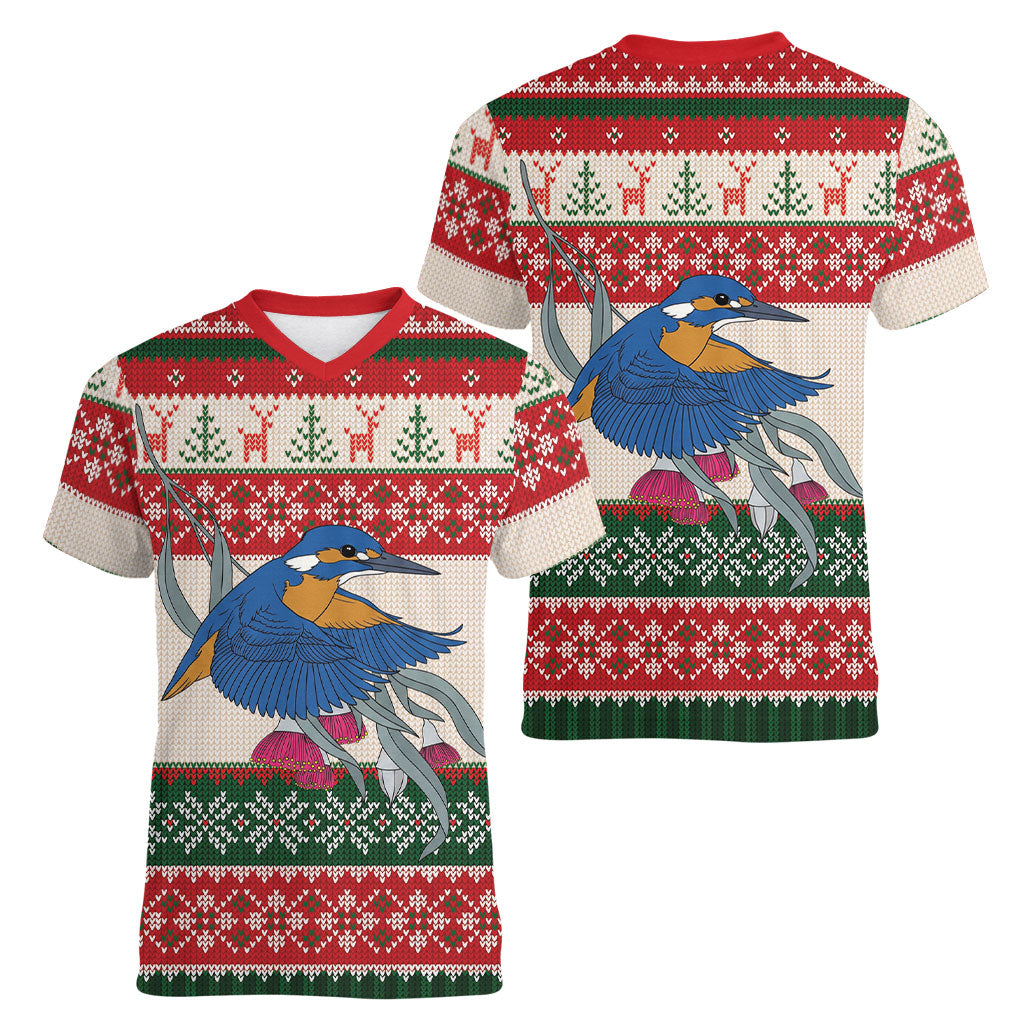 Aussie Kingfisher Bird Christmas Women V-Neck T-Shirt Festive Knitted Pattern Inspired