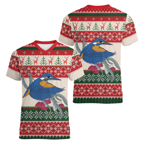 Aussie Kingfisher Bird Christmas Women V-Neck T-Shirt Festive Knitted Pattern Inspired