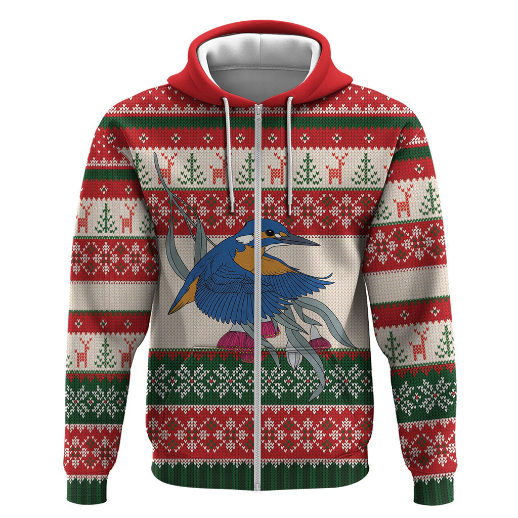 Aussie Kingfisher Bird Christmas Zip Hoodie Festive Knitted Pattern Inspired