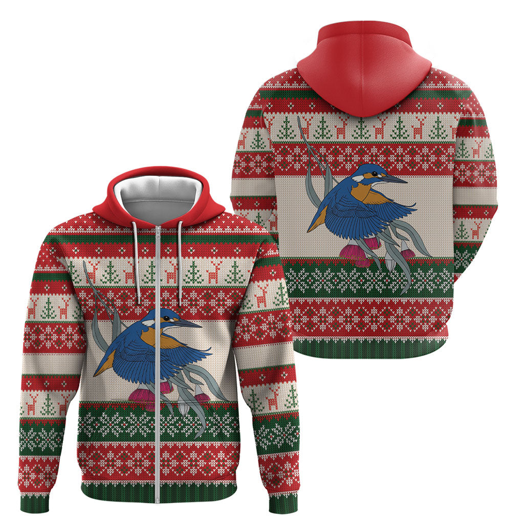 Aussie Kingfisher Bird Christmas Zip Hoodie Festive Knitted Pattern Inspired