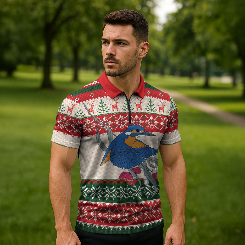 Aussie Kingfisher Bird Christmas Zipper Polo Shirt Festive Knitted Pattern Inspired