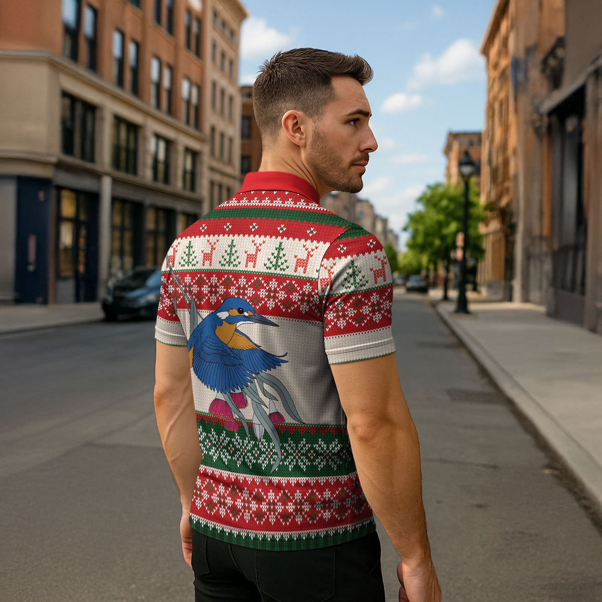 Aussie Kingfisher Bird Christmas Zipper Polo Shirt Festive Knitted Pattern Inspired