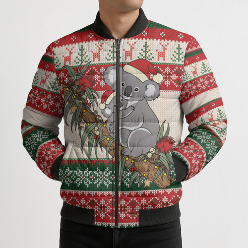 Aussie Koala Mama Christmas Bomber Puffer Jacket Festive Knitted Pattern Inspired