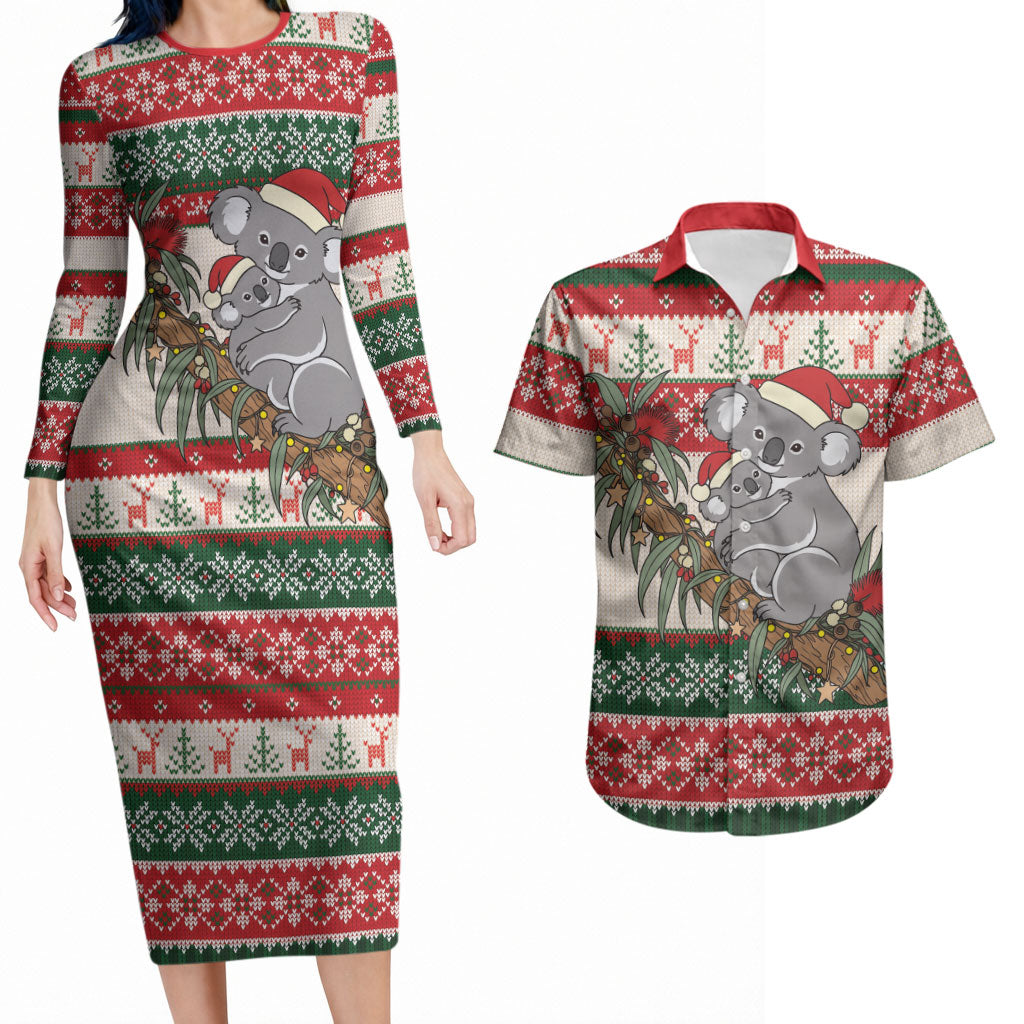 Aussie Koala Mama Christmas Couples Matching Long Sleeve Bodycon Dress and Hawaiian Shirt Festive Knitted Pattern Inspired