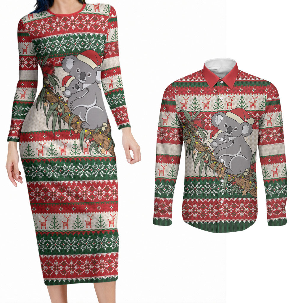 Aussie Koala Mama Christmas Couples Matching Long Sleeve Bodycon Dress and Long Sleeve Button Shirt Festive Knitted Pattern Inspired