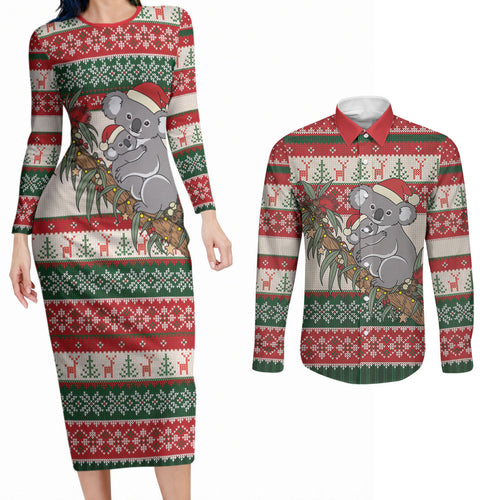 Aussie Koala Mama Christmas Couples Matching Long Sleeve Bodycon Dress and Long Sleeve Button Shirt Festive Knitted Pattern Inspired