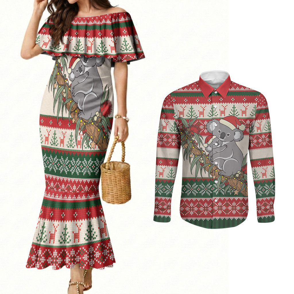 Aussie Koala Mama Christmas Couples Matching Mermaid Dress and Long Sleeve Button Shirt Festive Knitted Pattern Inspired