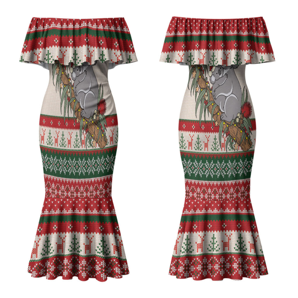 Aussie Koala Mama Christmas Couples Matching Mermaid Dress and Long Sleeve Button Shirt Festive Knitted Pattern Inspired
