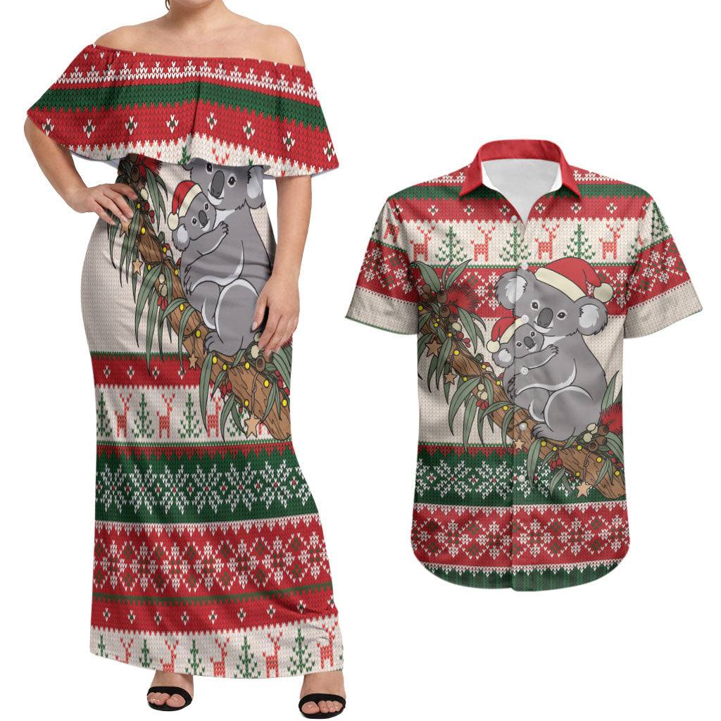 Aussie Koala Mama Christmas Couples Matching Off Shoulder Maxi Dress and Hawaiian Shirt Festive Knitted Pattern Inspired
