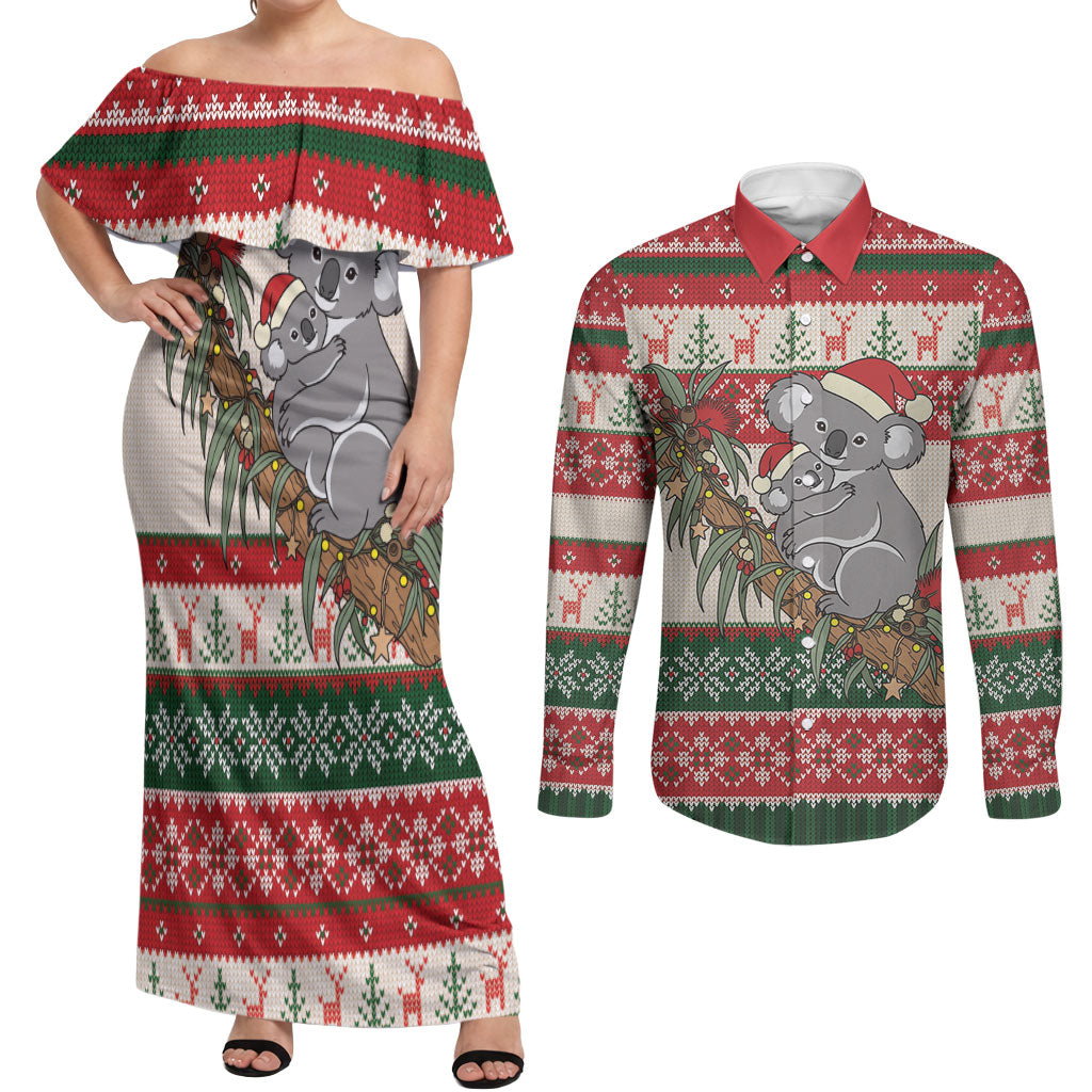 Aussie Koala Mama Christmas Couples Matching Off Shoulder Maxi Dress and Long Sleeve Button Shirt Festive Knitted Pattern Inspired