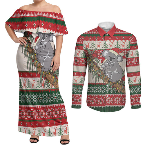 Aussie Koala Mama Christmas Couples Matching Off Shoulder Maxi Dress and Long Sleeve Button Shirt Festive Knitted Pattern Inspired