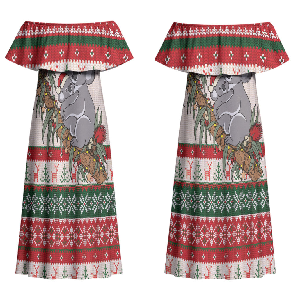 Aussie Koala Mama Christmas Couples Matching Off Shoulder Maxi Dress and Long Sleeve Button Shirt Festive Knitted Pattern Inspired