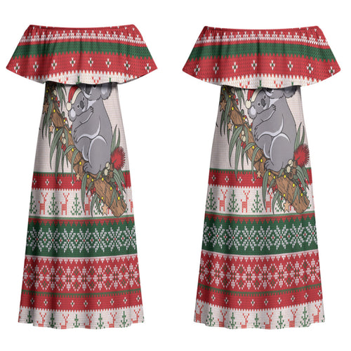 Aussie Koala Mama Christmas Couples Matching Off Shoulder Maxi Dress and Long Sleeve Button Shirt Festive Knitted Pattern Inspired