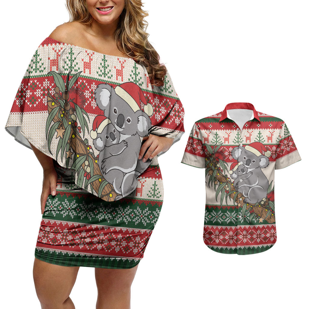 Aussie Koala Mama Christmas Couples Matching Off Shoulder Short Dress and Hawaiian Shirt Festive Knitted Pattern Inspired