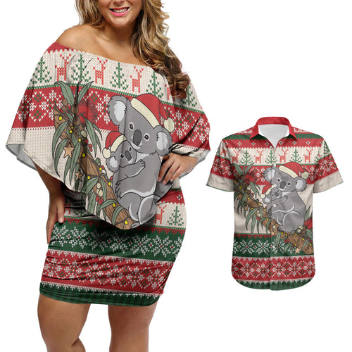 Aussie Koala Mama Christmas Couples Matching Off Shoulder Short Dress and Hawaiian Shirt Festive Knitted Pattern Inspired
