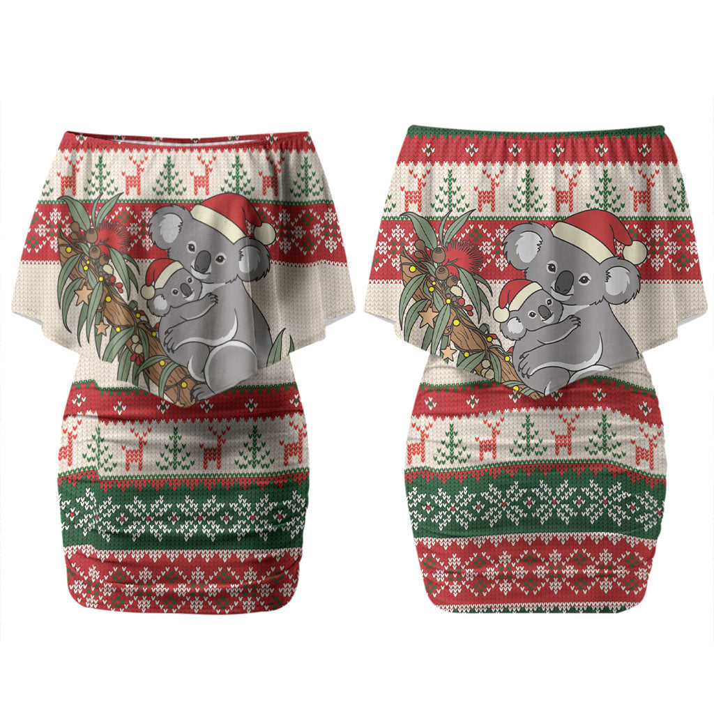 Aussie Koala Mama Christmas Couples Matching Off Shoulder Short Dress and Hawaiian Shirt Festive Knitted Pattern Inspired