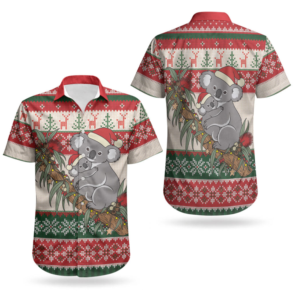 Aussie Koala Mama Christmas Couples Matching Off Shoulder Short Dress and Hawaiian Shirt Festive Knitted Pattern Inspired