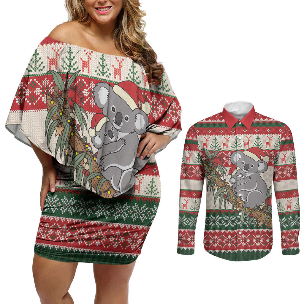 Aussie Koala Mama Christmas Couples Matching Off Shoulder Short Dress and Long Sleeve Button Shirt Festive Knitted Pattern Inspired