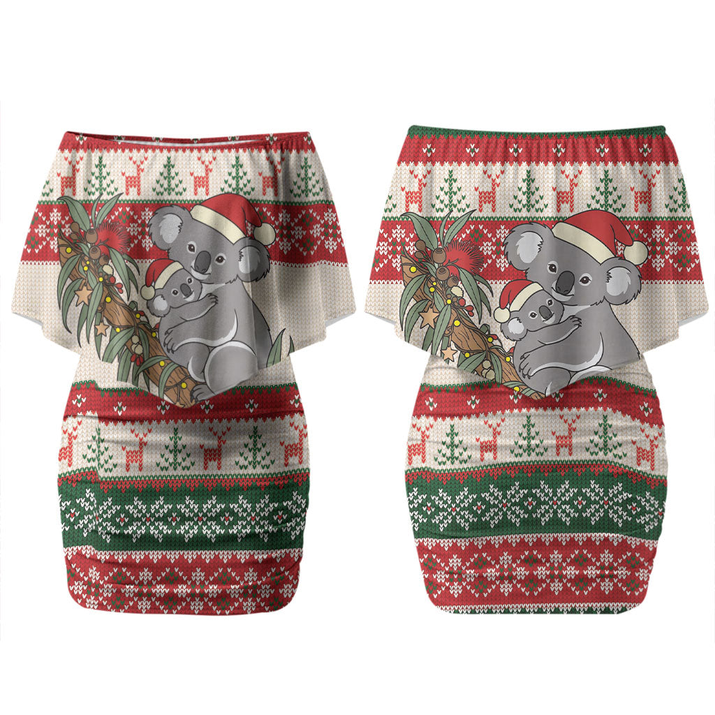 Aussie Koala Mama Christmas Couples Matching Off Shoulder Short Dress and Long Sleeve Button Shirt Festive Knitted Pattern Inspired