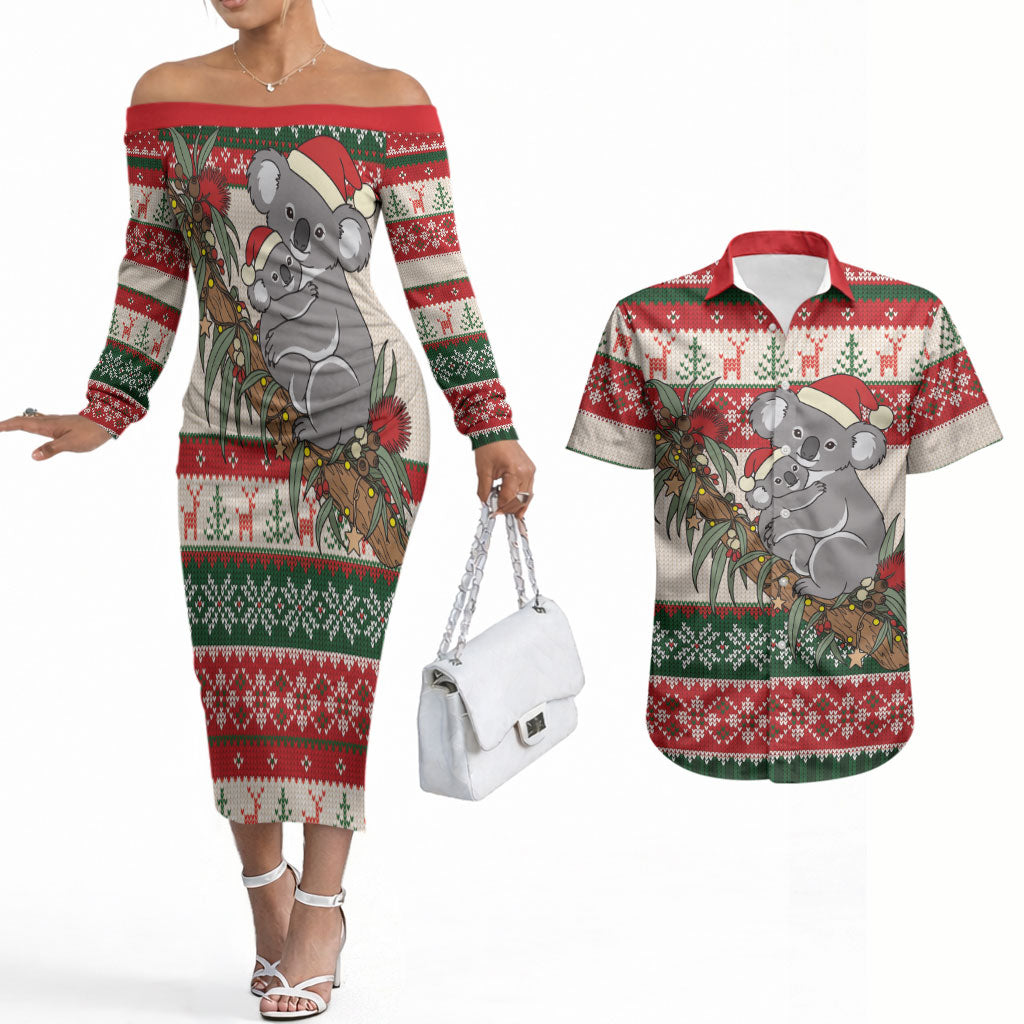 Aussie Koala Mama Christmas Couples Matching Off The Shoulder Long Sleeve Dress and Hawaiian Shirt Festive Knitted Pattern Inspired