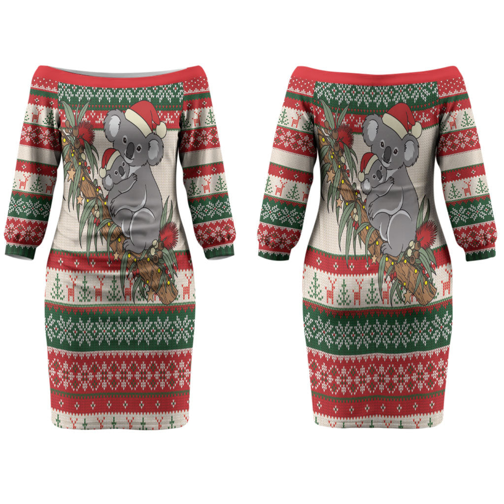 Aussie Koala Mama Christmas Couples Matching Off The Shoulder Long Sleeve Dress and Hawaiian Shirt Festive Knitted Pattern Inspired