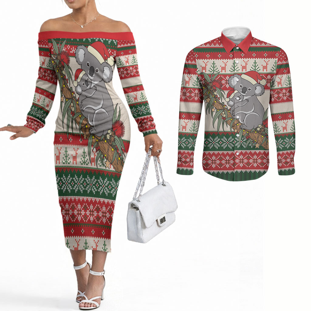 Aussie Koala Mama Christmas Couples Matching Off The Shoulder Long Sleeve Dress and Long Sleeve Button Shirt Festive Knitted Pattern Inspired