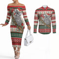 Aussie Koala Mama Christmas Couples Matching Off The Shoulder Long Sleeve Dress and Long Sleeve Button Shirt Festive Knitted Pattern Inspired